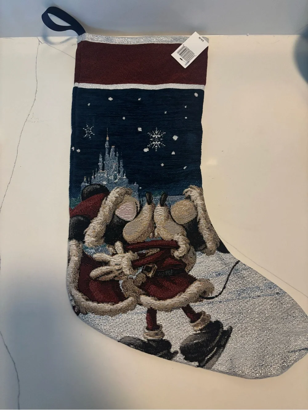 DISNEY PARKS Kissing Mickey & Minnie Mouse Tapestry Christmas Stocking NWOT